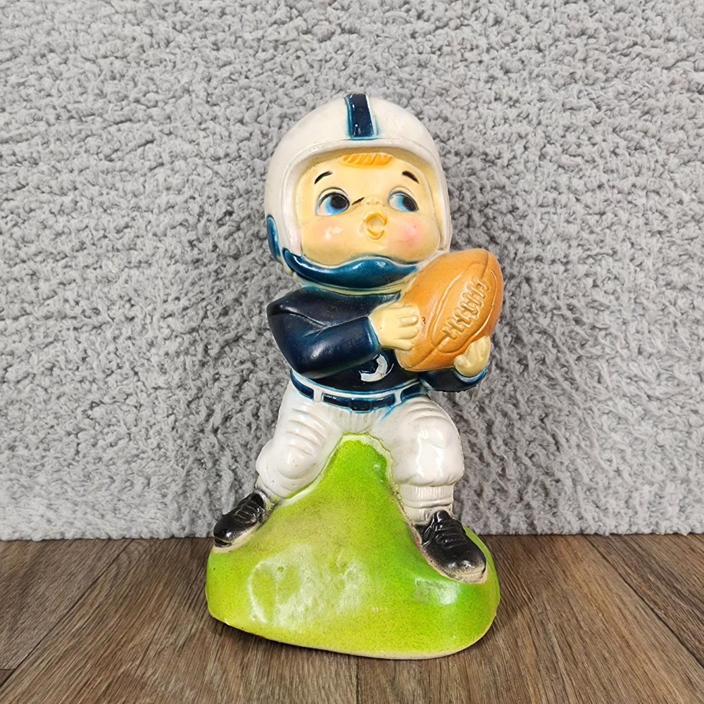 Vintage Football Player Piggy Bank Blue White Uniform Made in Hong Kong 7 Inch
